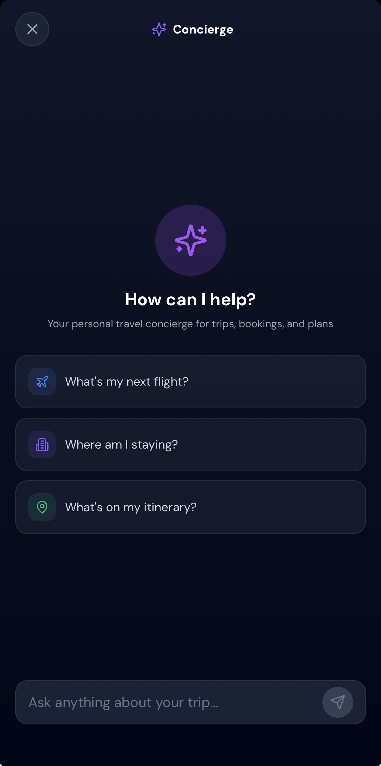 TripTrackAI AI Concierge chat interface providing instant travel recommendations and answering trip questions