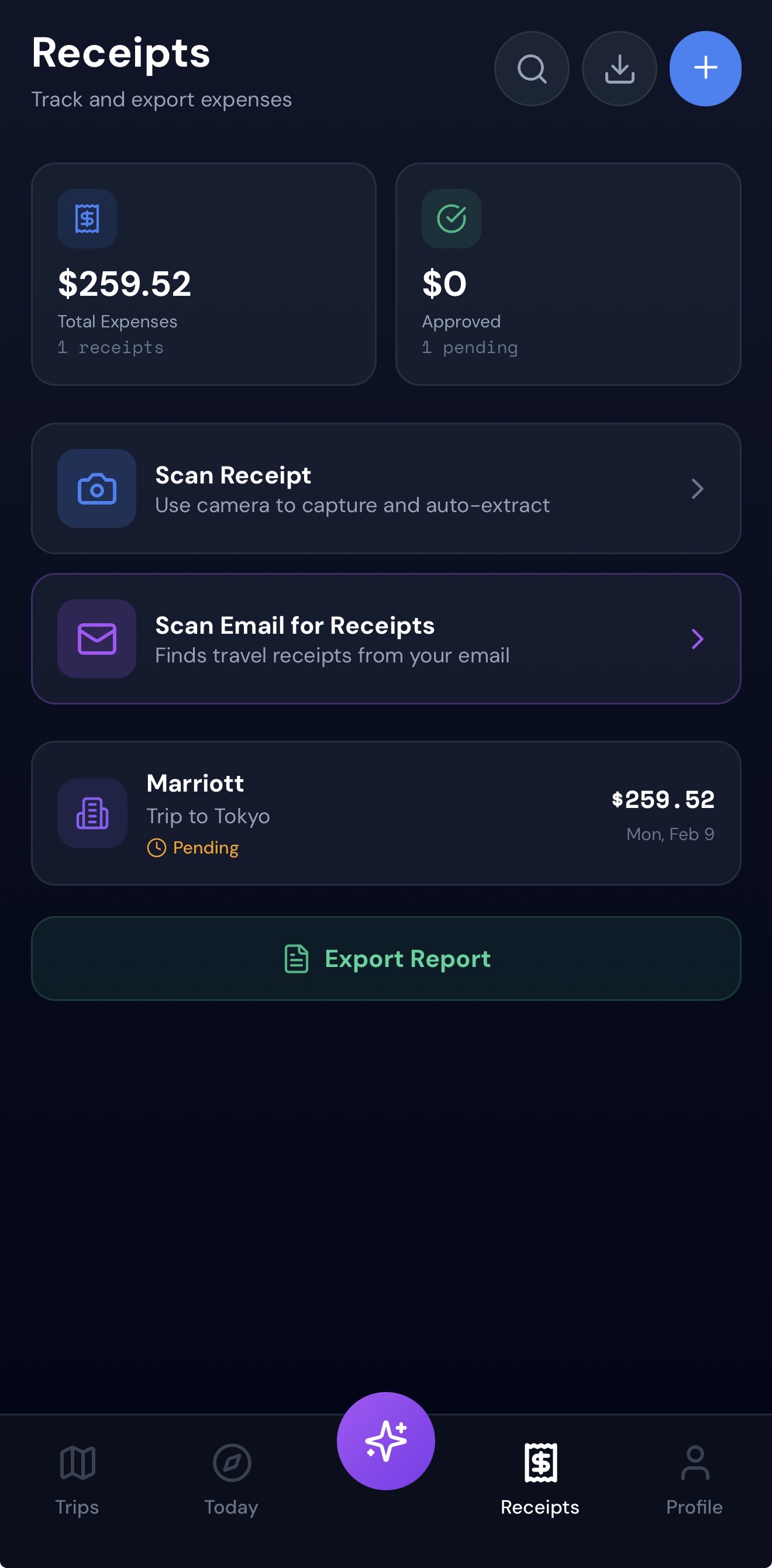 TripTrackAI receipt scanner showing expense tracking with OCR technology extracting merchant names and amounts automatically