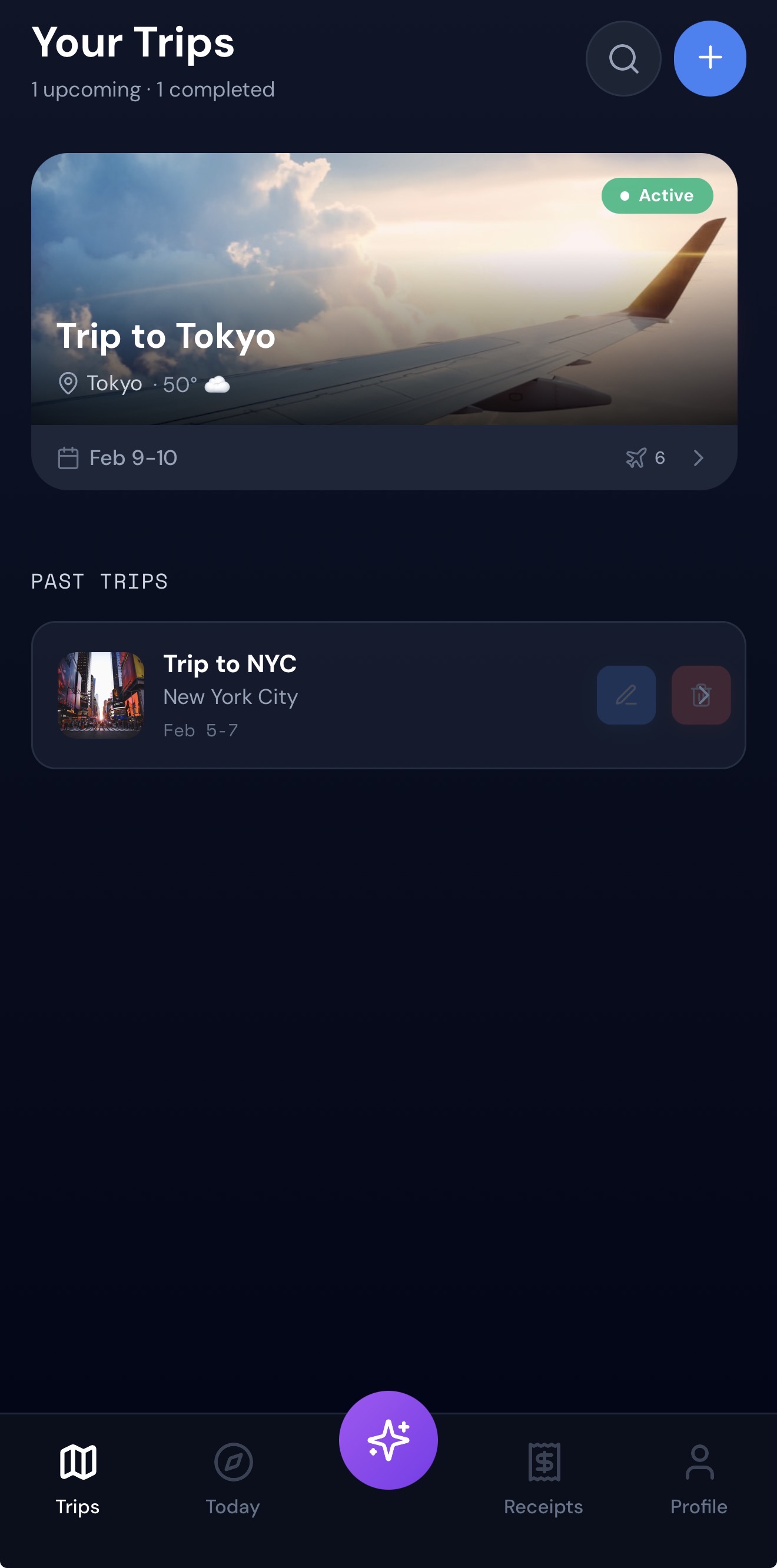 TripTrackAI app displaying organized trip timeline with flights, hotels, and car rentals automatically sorted by date